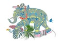 Floral background with tropical summer and spring flowers, palm leaves, an elephant.